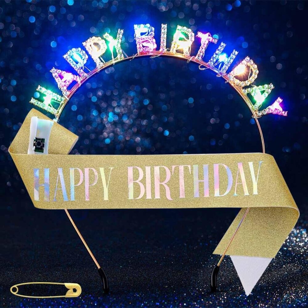Light Up Birthday Headband Led Gold Rhinestone Happy Birthday Crown And Sash Gli